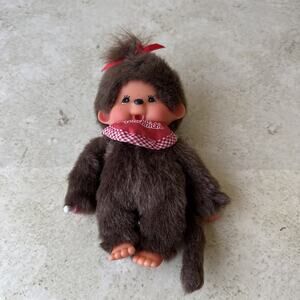 Monchhichi 8” Girl Plush Doll Brown Sekiguchi Japan Vintage Red Bandana Toy RARE